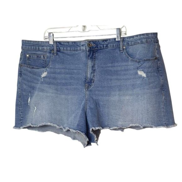 Torrid Womens Plus Sz 26 Denim Shorts Hi Rise Distressed Frayed Hem Blue Stretch - Picture 1 of 6